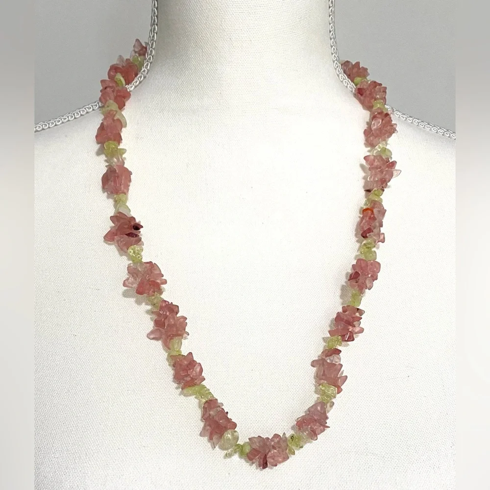 Vintage Long Chunky Pink Green Beaded Necklace Boho Eclectic Coastal Grandma